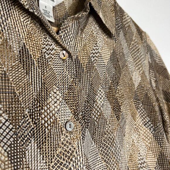 Talbots Brown 100% Silk Geometric Print Button Up Long Sleeve Shirt Size 2 Women - Picture 3 of 9